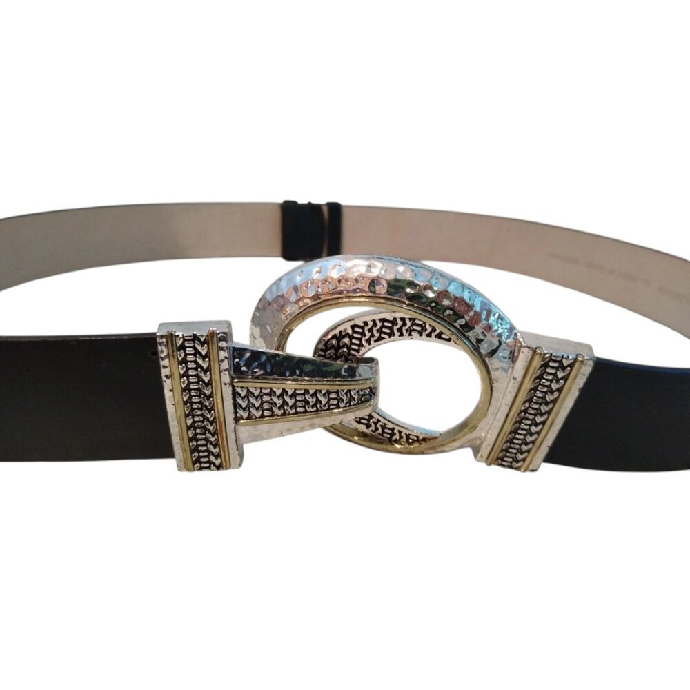 Chico's Black Leather Belt with Gorgeous Silver & Gold Buckle Women's Size S/M
